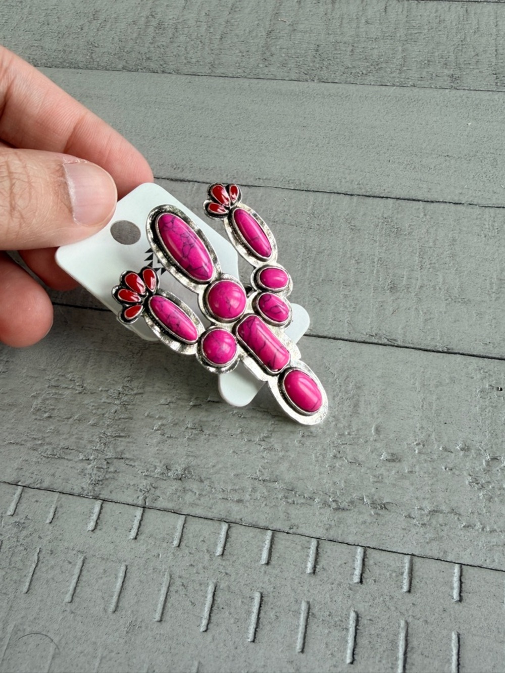 Western Pink Cactus Statement Ring with Red Flower Accents New